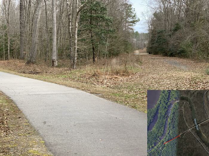 "two roads diverged in a yellow wood"--one shaves 250 yards off the paved trail. (see the satellite inset to appreciate this one.)