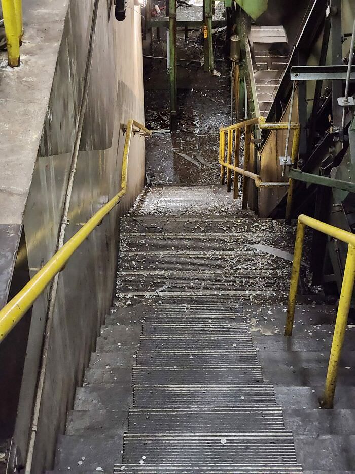The stairs going down to "the pit" at the plant.
