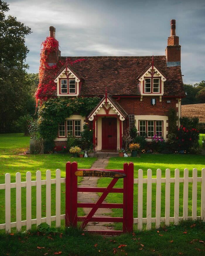 Fairytale cottage built with red brick in the 1840s in Hertfordshire, Southern England