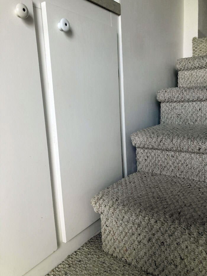 This stair blocks the cabinet.