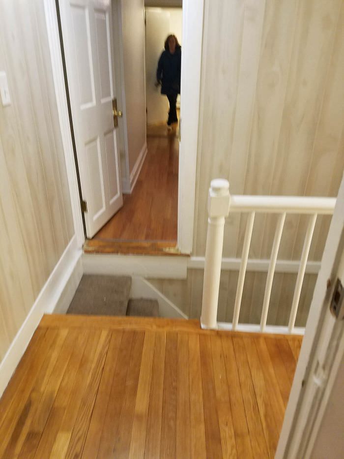 This flight of stairs outside a door is a death trap.