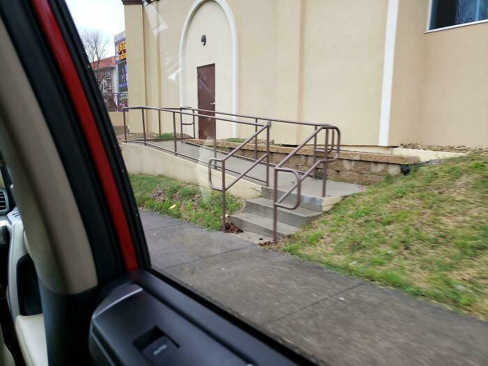 Thank you for making this handicap ramp; glad this building is wheelchair accessible.