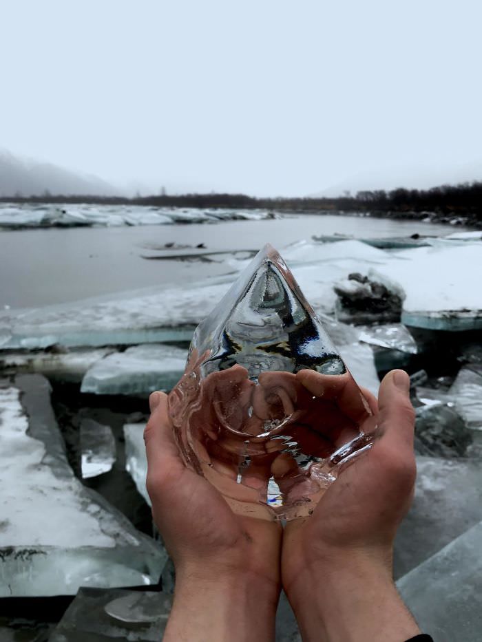A crystal clear ice chunk found in an Alaska riverbed.