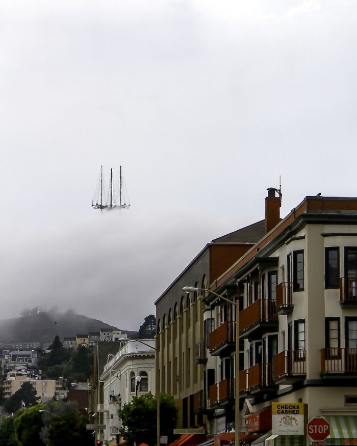 Sutro Tower in San Francisco that looks like the top of the Flying Dutchman's floating ship.