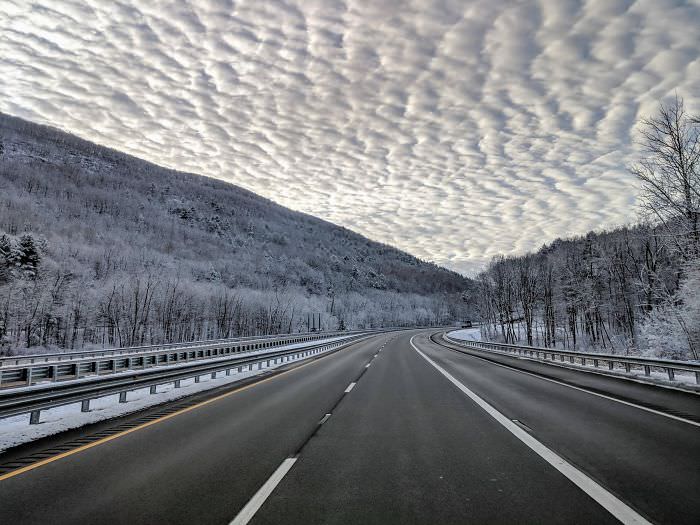 The drive to work on I-90 in the Berkshire Mountains, Massachusetts.