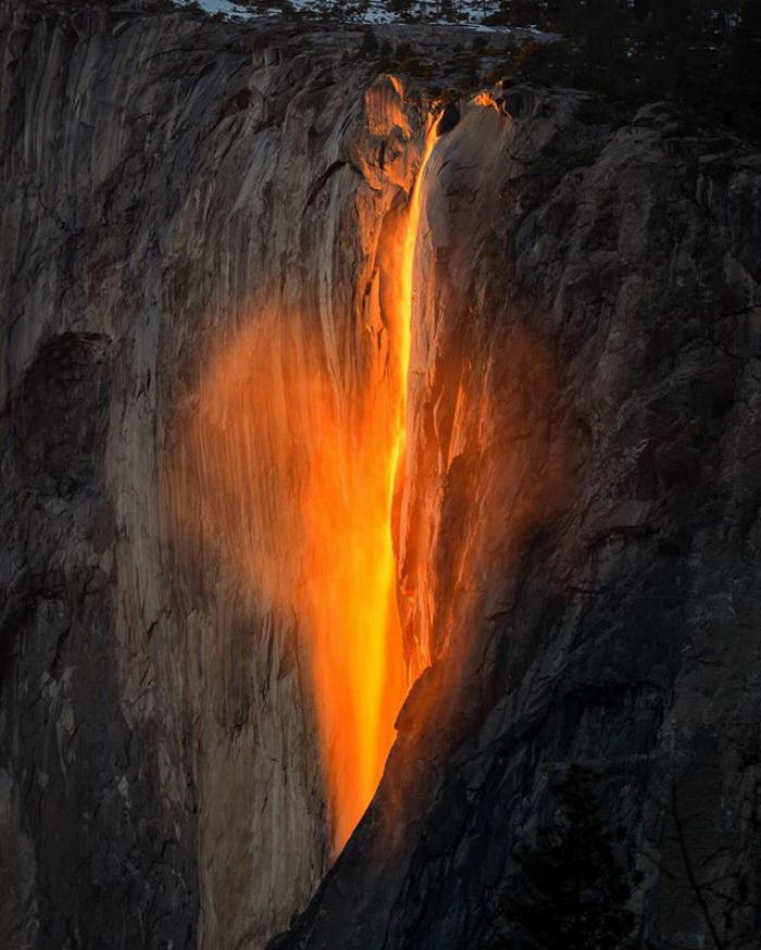 Yosemite firefall, which is actually a ray of sunlight and not lava. It only happens for 1-2 weeks near the end of February if there is enough snow and semi-clear sunset. It only lasts for 10 minutes or less.