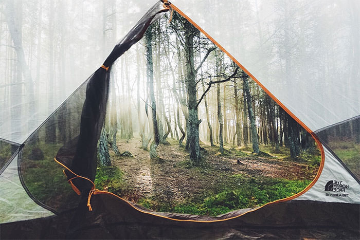 Inside a tent, a view that looks like a Photoshop trick.