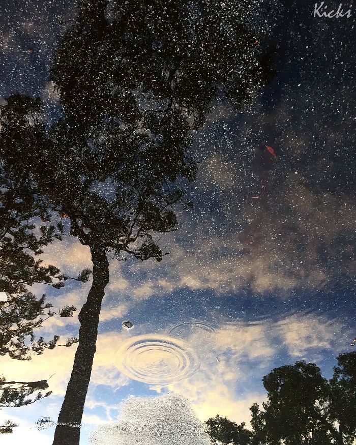 A reflection in a puddle, where gravel looks like a starry night sky.