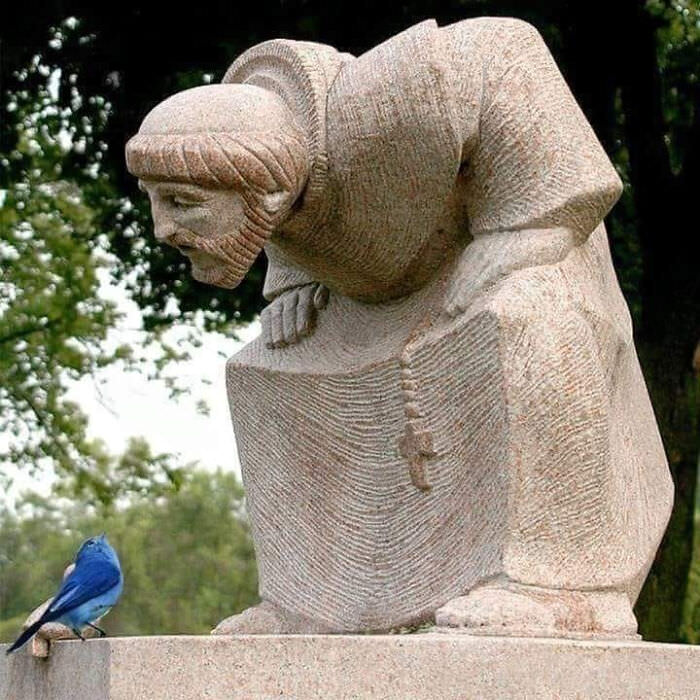 What an amazing photo! The blue bird is next to the sculpture bird, looking at San Francisco as intently as if he actually heard it.