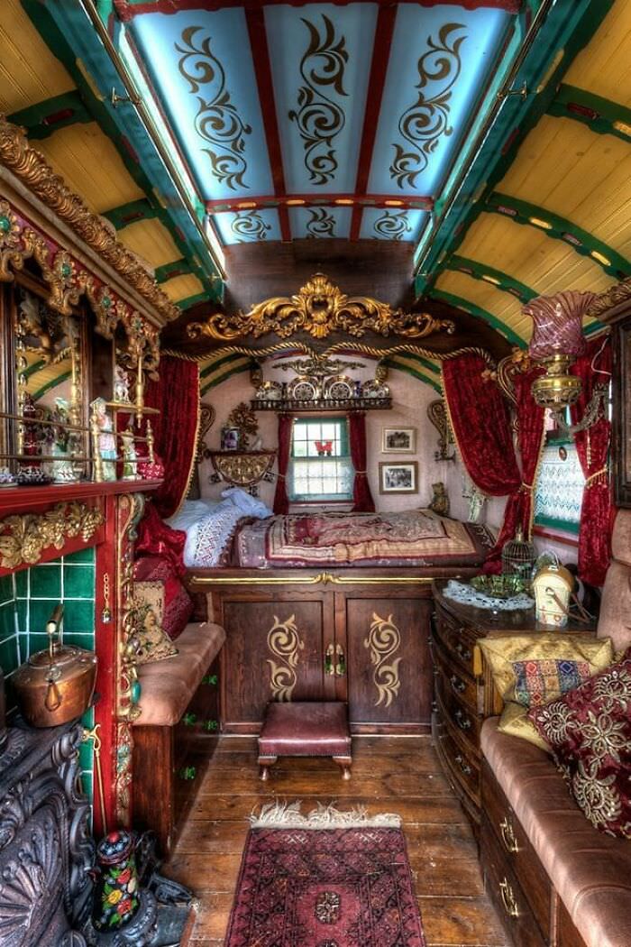 The inside of a gypsy's caravan carriage from the 1800s.