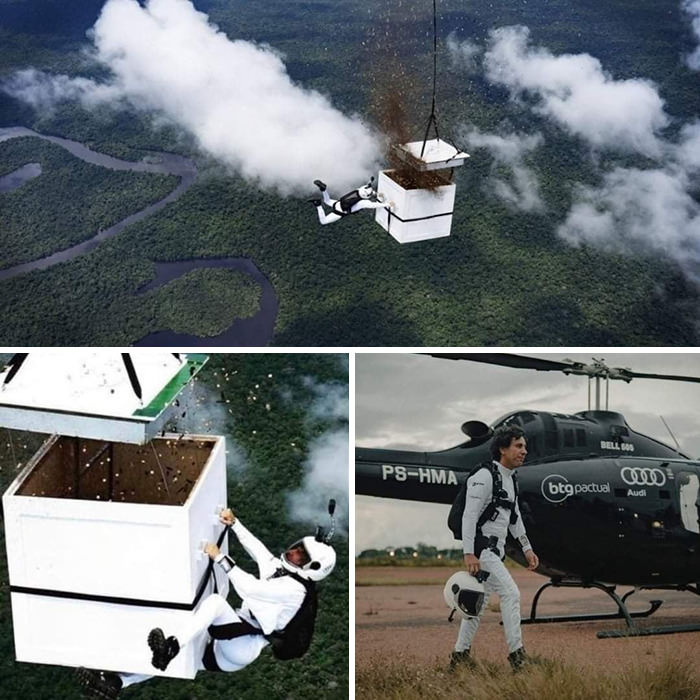 A parachutist jumps with more than 100 million seeds in the Amazon.