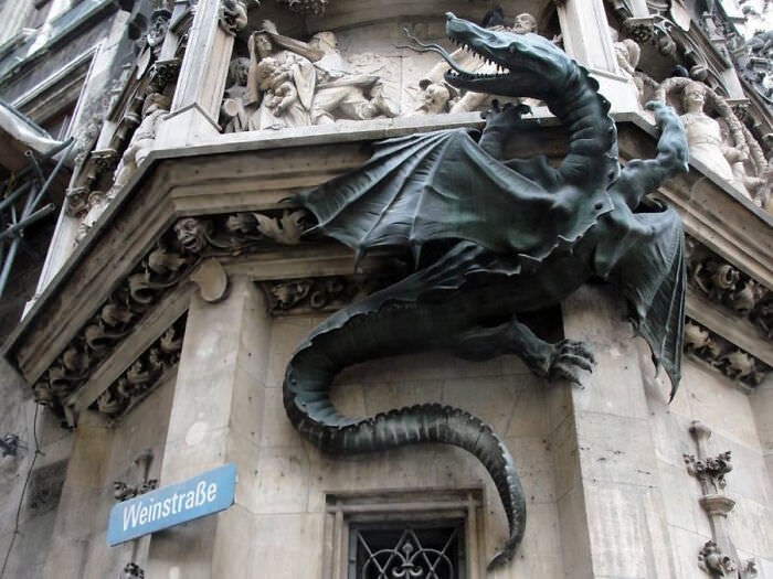 Dragon sculpture at the Town Hall in the northern part of Marienplatz in Munich, Bavaria, Germany.