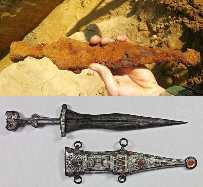 A 2,000-year-old Roman silver dagger discovered by an archaeology intern in 2019 in Germany, before and after nine months of restoration.