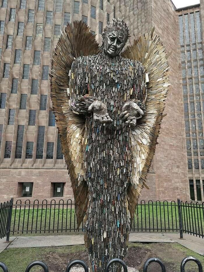 The 7ft-high Blade Angel is a sculpture made from 100,000 knives that have caused fatalities across the UK. Knives were collected from 43 police stations, creating a memorial dedicated to the victims.