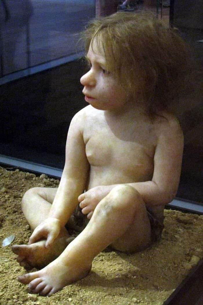 Reconstruction of a 3-year-old Neanderthal child based on the remains found at Roc de Marsal in 1961. Sculptor: Elisabeth Daynès.