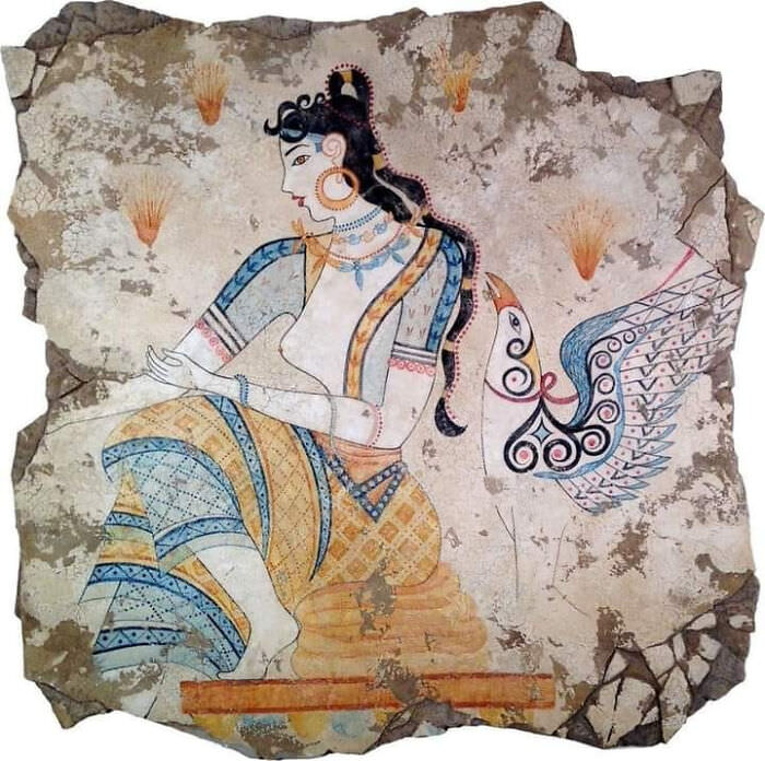 4,000 years of unimaginable beauty from Thira, perhaps one of the world's oldest beauties in art: Minoan fresco recreation. Thira, also known as Santorini, Greece.