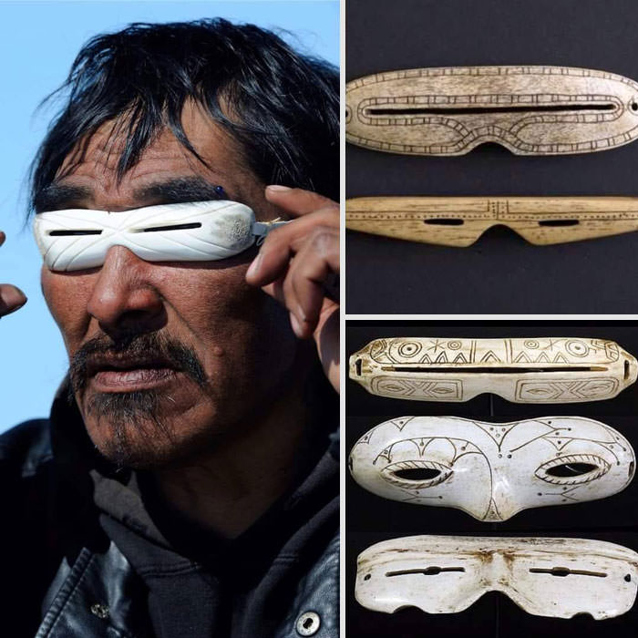 Peoples living in northern regions and severe snowy climates, such as the Inuit, carved whalebone, horn, and ivory sunglasses to protect their eyes from glare.