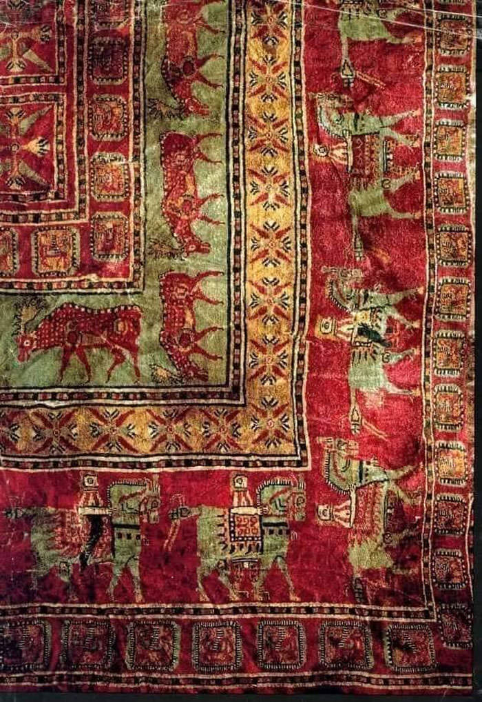 The world's oldest intact carpet ever found was woven approximately 2,500 years ago and discovered frozen in a kurgan in the Altai Mountains of Central Asia.