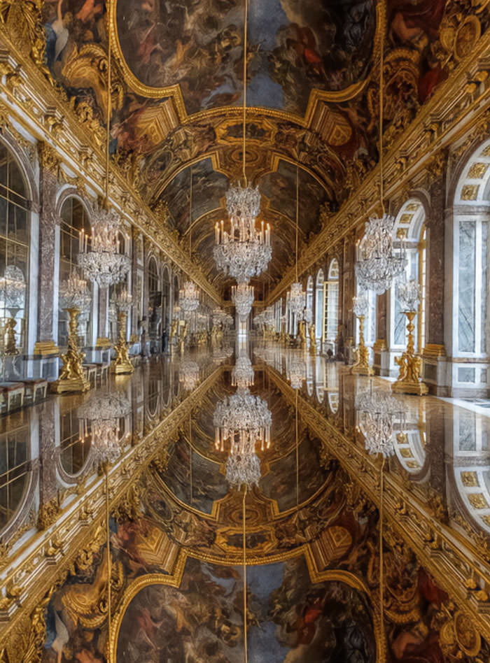 My favorite room in the whole castle! The Hall of Mirrors in Versailles, France.