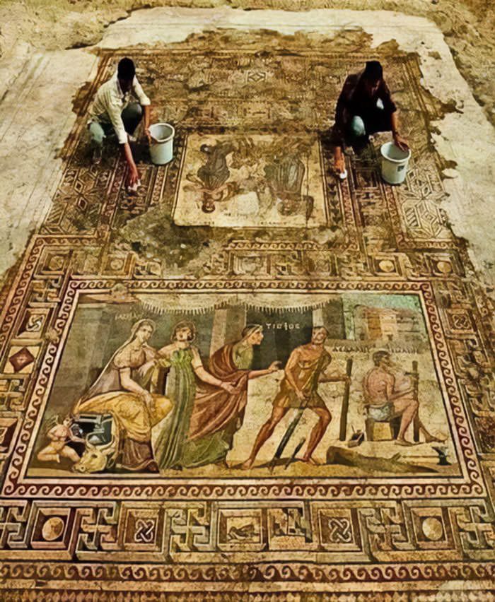 A team of archaeologists led by Professor Kutalmiş Görkay, from the University of Ankara in Turkey, has unearthed three ancient Greek mosaics in the Turkish city of Zeugma, near the border with Syria.