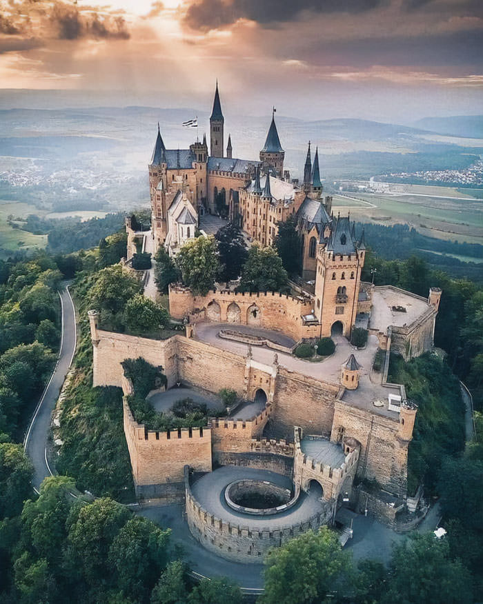 Hohenzollern Castle, Germany. This historical castle is located 50 kilometers south of Stuttgart, and it was the residence of the Hohenzollern dynasty.