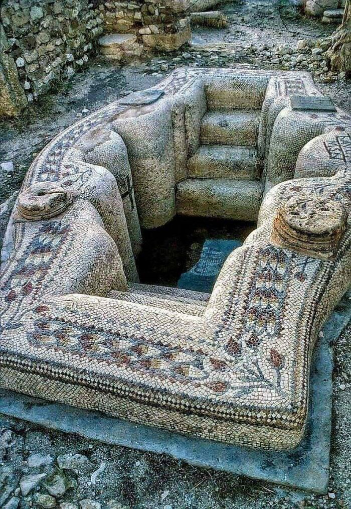 Ancient Roman ruins in Tunisia - the baptism basin of the Basilica of St. Vitale in Sbeitla.