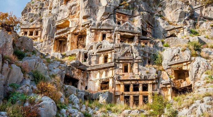 Lycian rock tombs located in the ancient city of Myra, Antalya, Turkey.