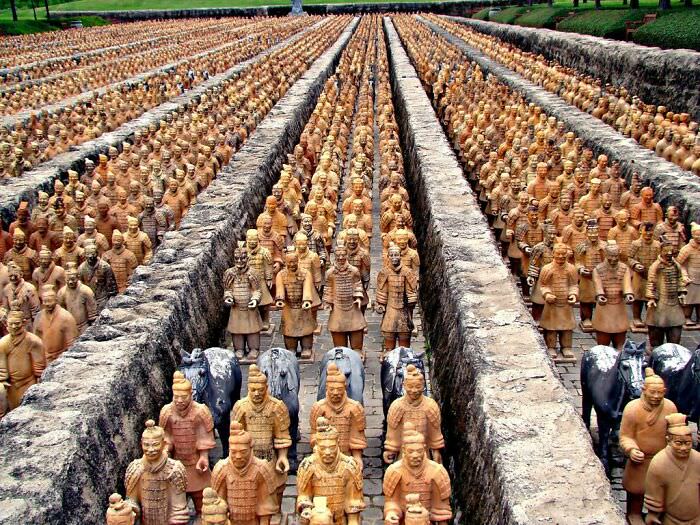 The Terracotta Army is a collection of sculptures depicting the armies of Qin Shi Huang, the first emperor of China. It is a form of funerary art buried with the emperor in 210–209 BCE to protect him in the afterlife.