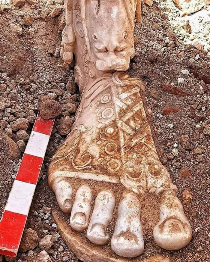 Lower part of a leg and foot with a sandal from the oversized statue of Roman Emperor Marcus Aurelius (reign 161-180 AD) found at Sagalassos, Turkey, in 2008.