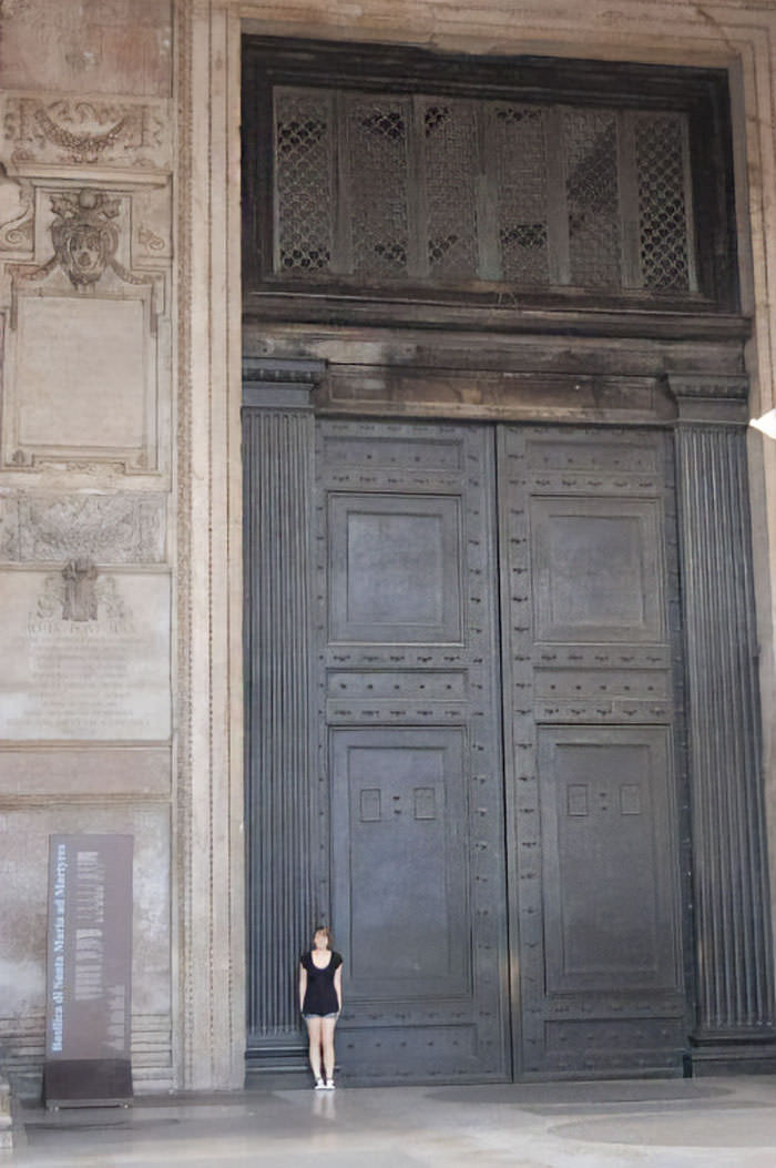 The oldest door still in use in Rome. Cast in bronze for Emperor Hadrian's rebuilding, they date from around 115 AD.
