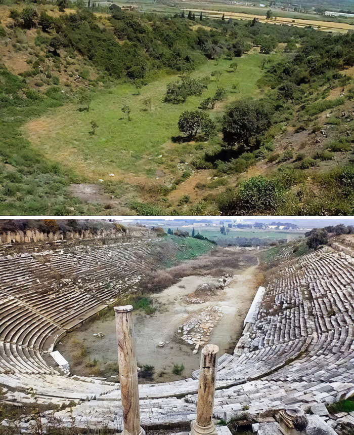 Before and after the excavation of the ancient Greek stadium, the Stadium of Magnesia ad Maendrum ancient city.