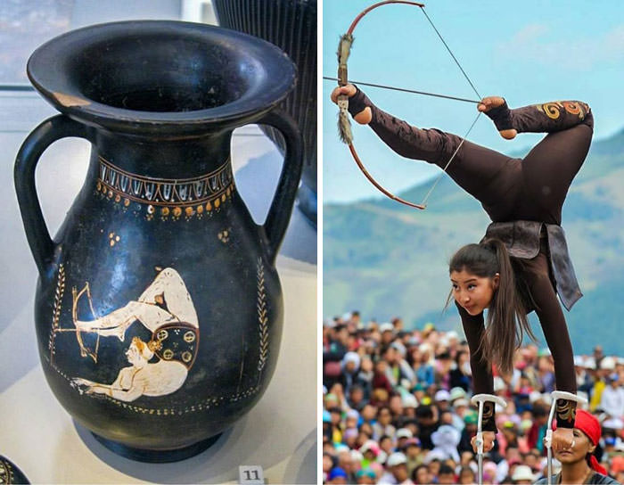 The first image shows an ancient Greek pelike depicting a woman acrobat shooting an arrow with her feet. The artifact dates back to the 4th century BC. The second image shows an acrobatic archer at the 2016 World Nomad Games held in Kyrgyzstan.