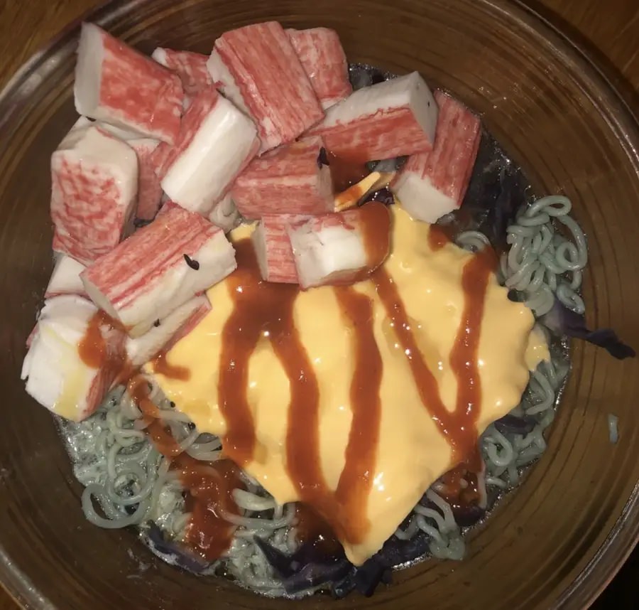 This purple ramen with questionable topping choices: