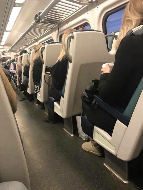 My friend got on the train, and the same woman sat down 4 times...