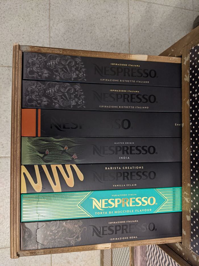 Nespresso boxes snugly fit in the drawer