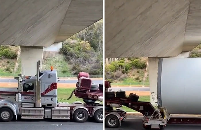 Oversized load carefully passing under an Australian bridge