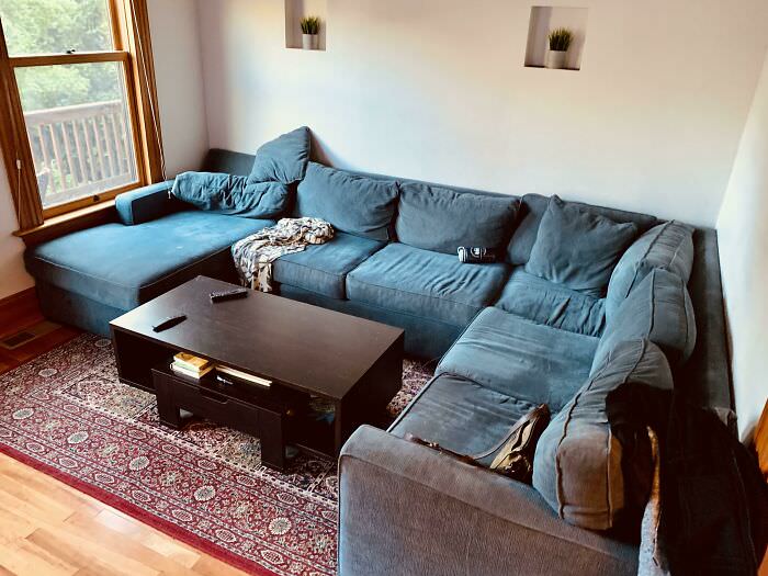 My friend's sectional miraculously fits in the new living room