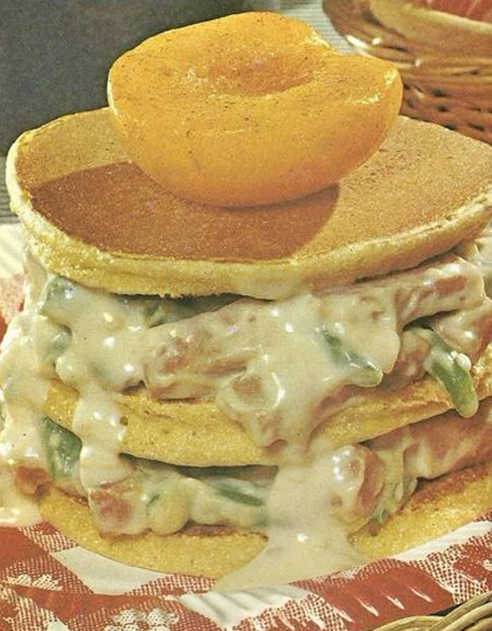 Creamed Veggie-Filled Pancakes with Canned Peach Garnish