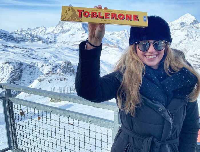 Wife's toblerone pose at the Matterhorn with great weather
