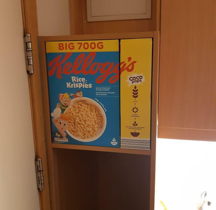 Cereal boxes fitting precisely on dorm room shelf