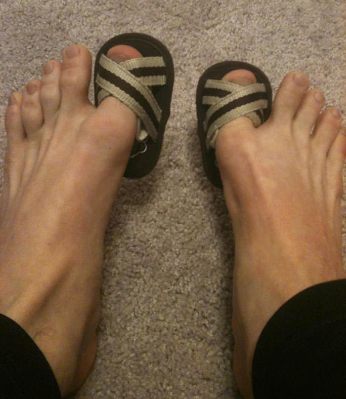 Trying on son's flip flops, finding a perfect fit for toes