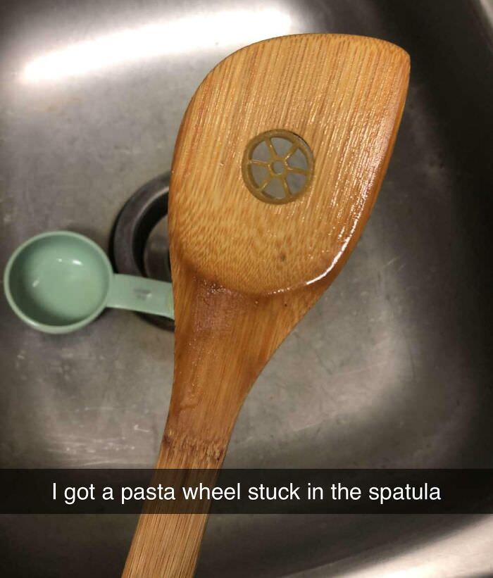 Pasta wheel getting stuck in a spatula while making lunch