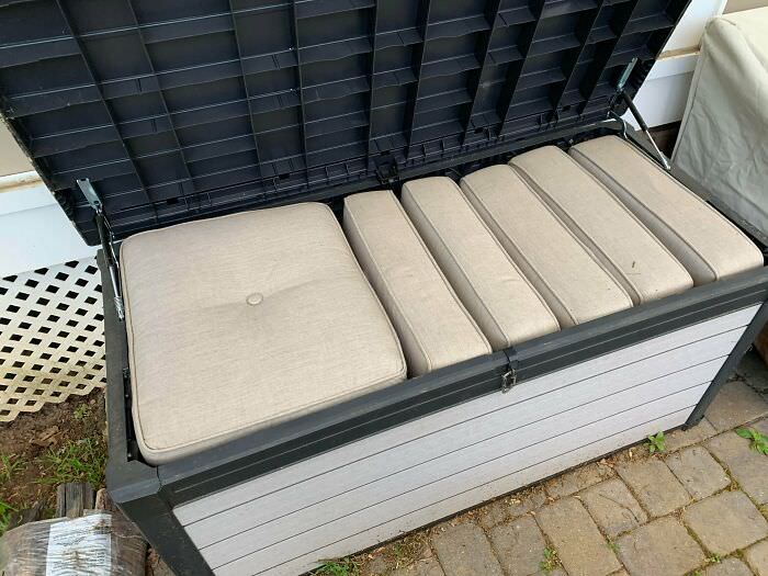 Purchased storage box perfectly accommodating seat cushions