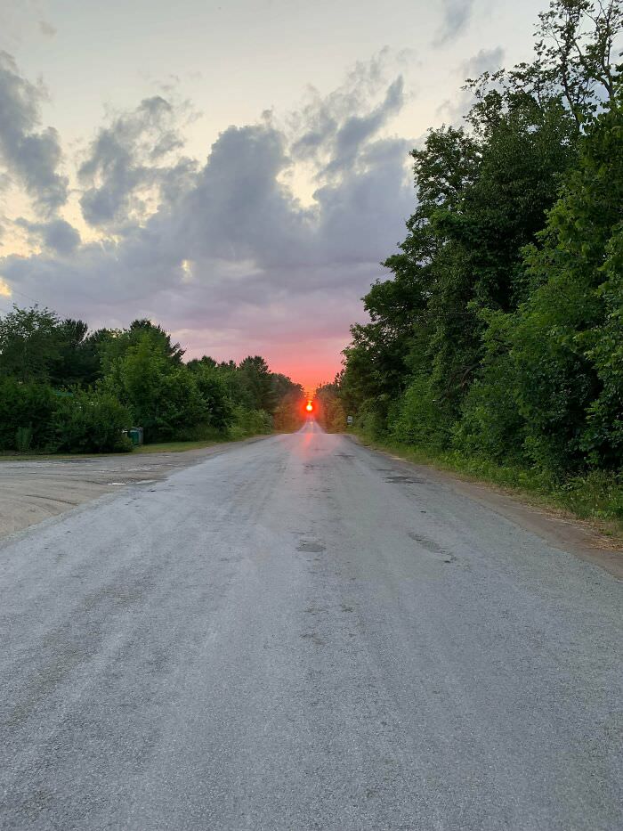 Sun aligning perfectly with the road at a favorite camping spot