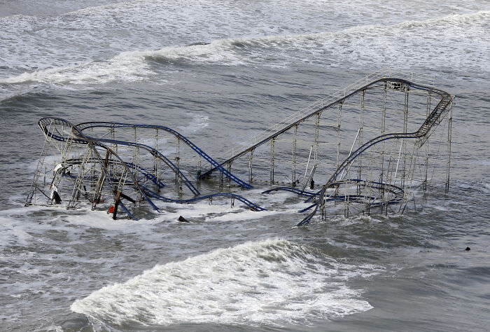 Jet Star rollercoaster blown into the ocean during Hurricane Sandy in New Jersey
