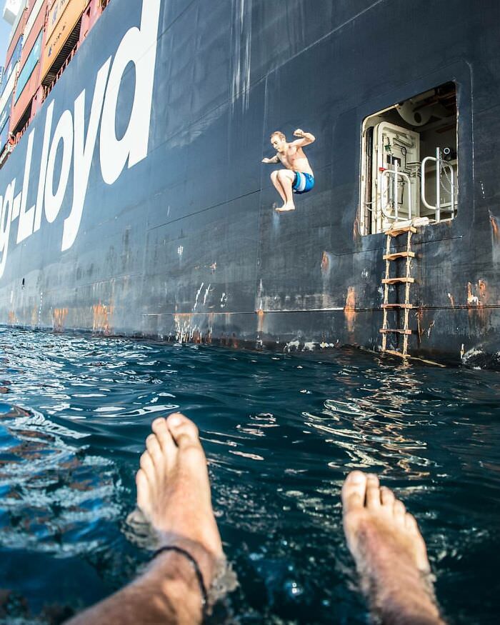 Swimming off the side of a container ship, a big nope