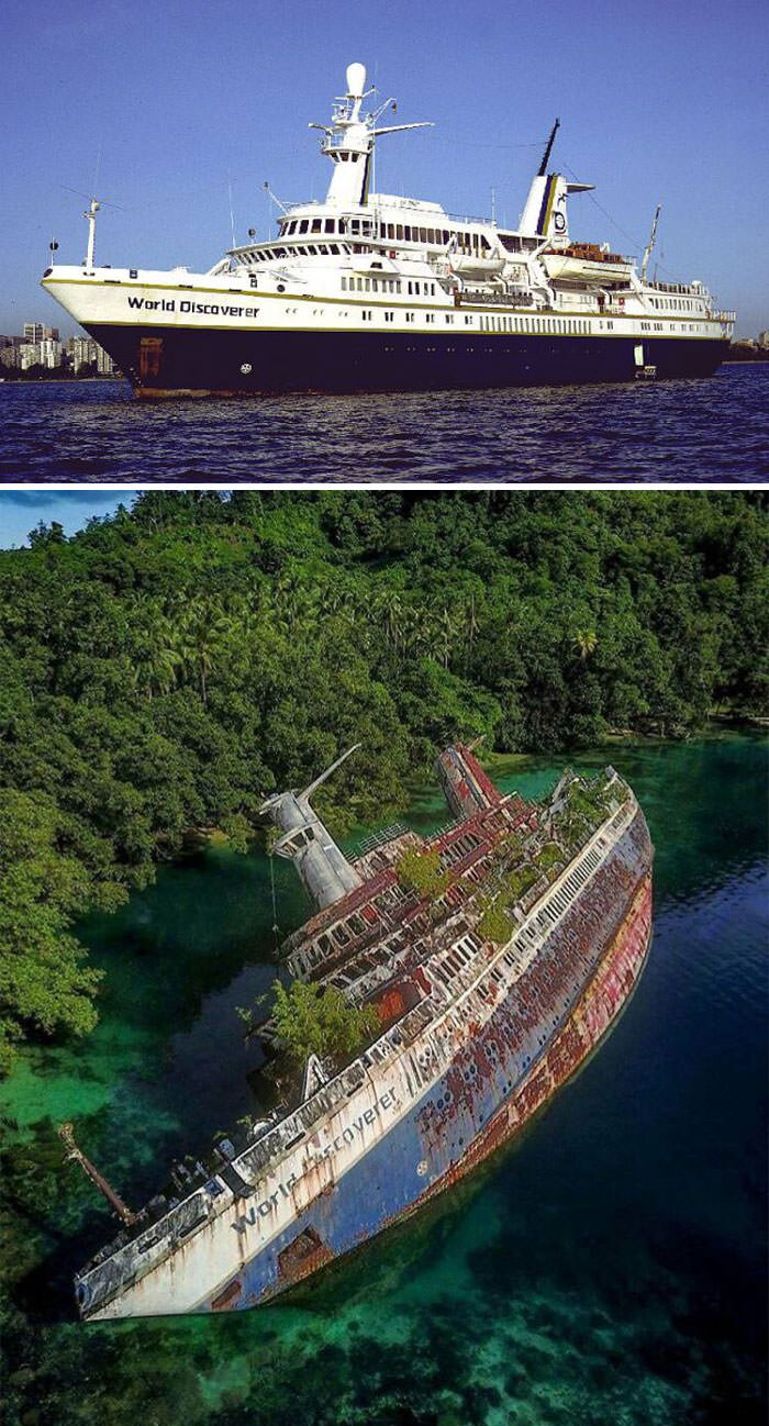 Sunken ship "World Discoverer" before and after sinking
