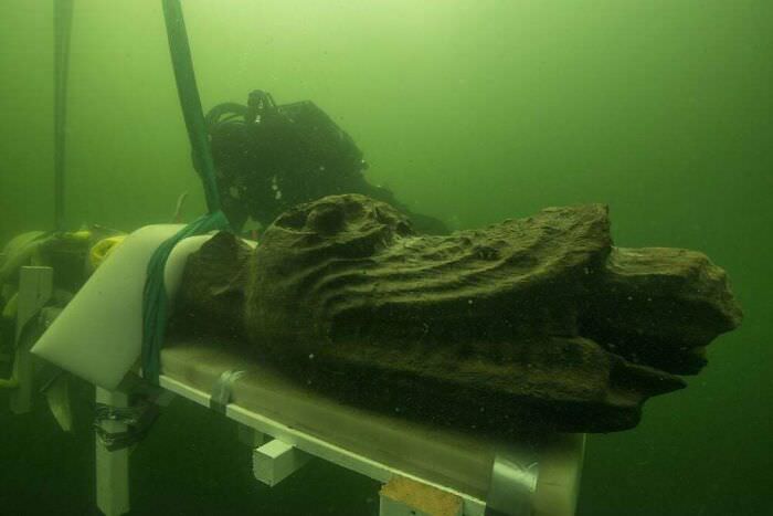 Carved head of a sea monster salvaged from the sunken warship Gribshunden