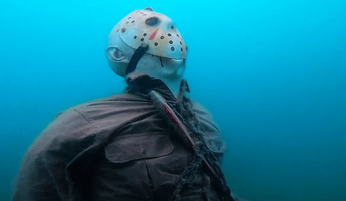 Underwater statue of Jason Voorhees in Crosby, Minnesota