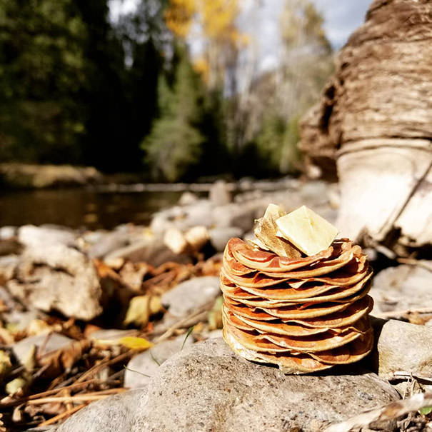 I thought this pine cone looked like a stack of pancakes, so i made some butter out of some fallen leaves